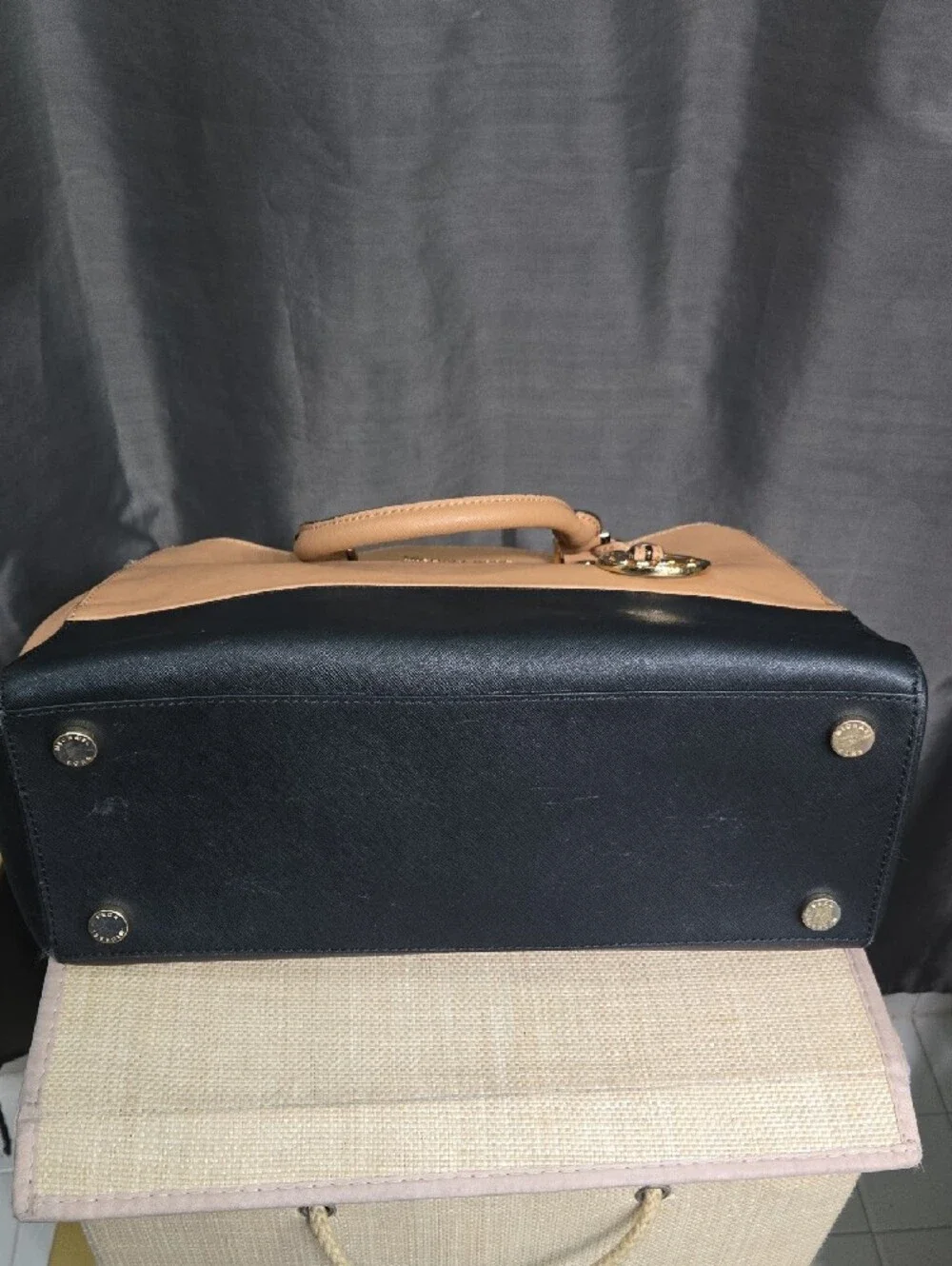 SALE! Michael Kors Beige and Black Leather Satchel with Gold MK Charm
